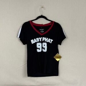 Baby Phat 99 Graphic V-Neck T-Shirt Black Red Rhinestone Cat Logo Womens Medium